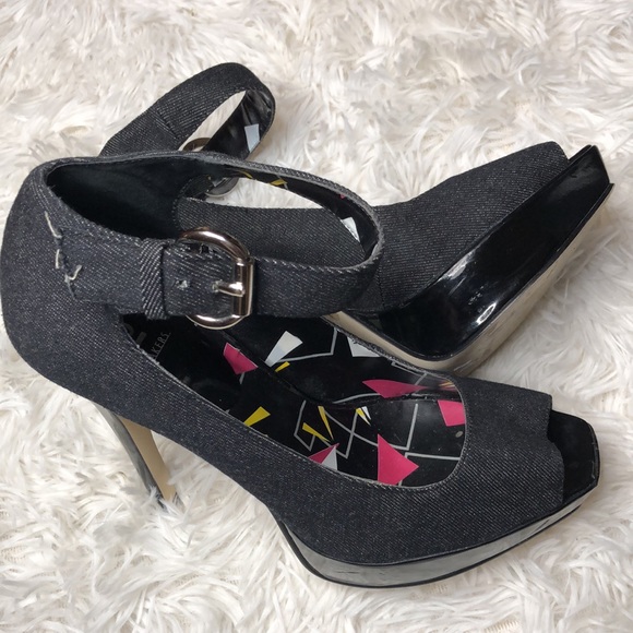 Bakers Denny Dark Denim Fabric  Platform Stilettos Ankle Strap Peep Toe Pump  7 - Picture 3 of 14